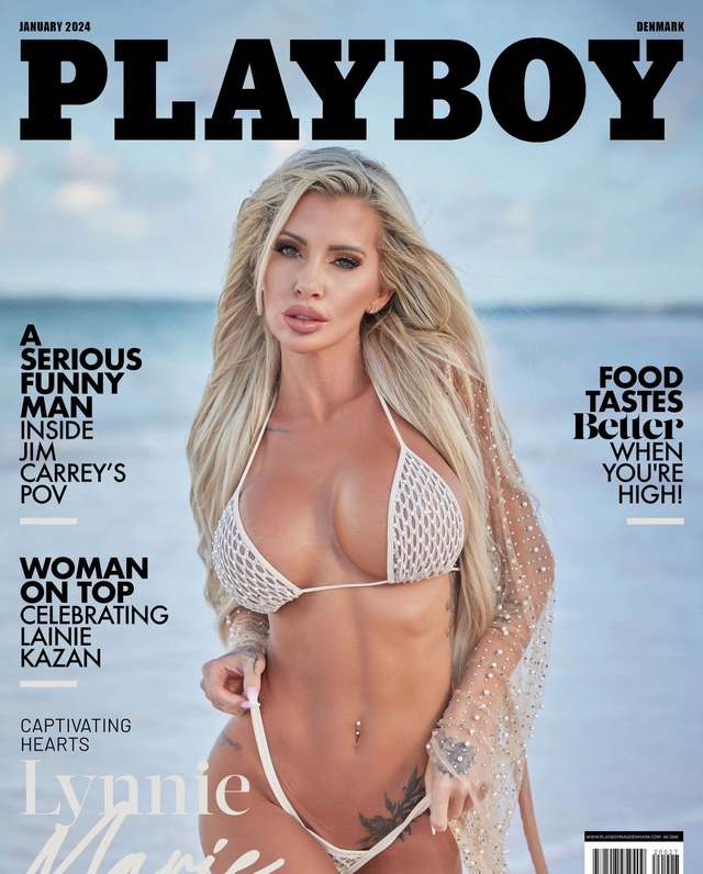 Playboy Denmark cover featuring Lynnie Marie in a white crochet bikini